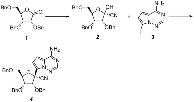 Overview of the novel two-step synthesis route for Remdesivir intermediate showing lactone to nitrile conversion followed by coupling