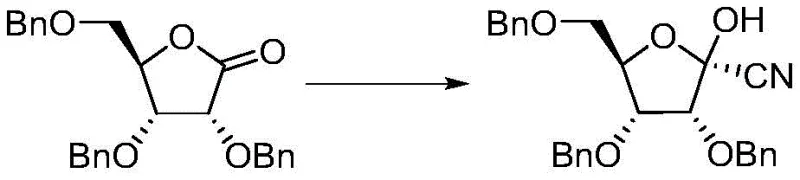 Step 1 mechanism showing Lewis acid catalyzed asymmetric cyanation of tribenzyloxy-D-ribono-1,4-lactone