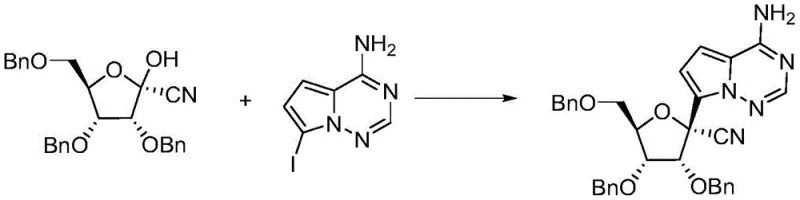 Step 2 mechanism showing hydroxyl activation and nucleophilic substitution with pyrrolo-triazine iodide
