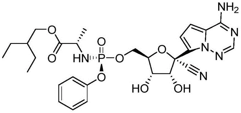 Chemical structure of Remdesivir showing the cyano-substituted adenosine nucleotide analogue core