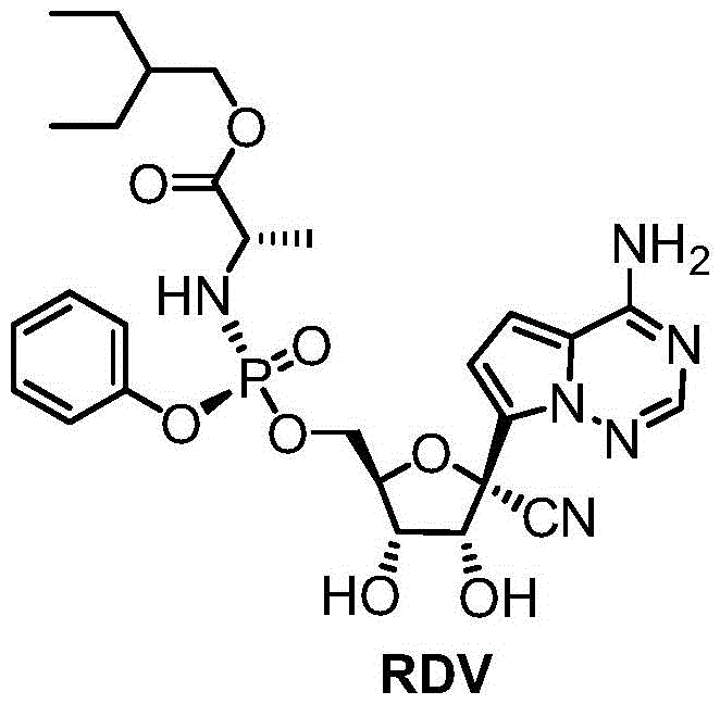 Chemical structure of Remdesivir (RDV) showing the phosphoramidate prodrug moiety and nucleoside base