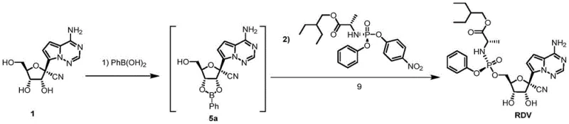 Specific embodiment reaction scheme showing the one-pot conversion of Compound 1 to Remdesivir