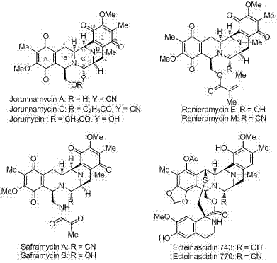 General structures of Renieramycins, Saframycins, and Ecteinascidins showing the five-ring rigid backbone