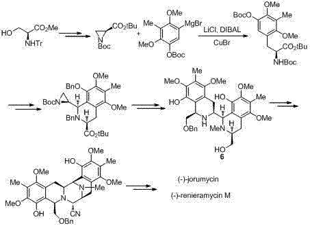 Previous synthetic routes for Renieramycins showing complex amide linkages and Grignard reactions