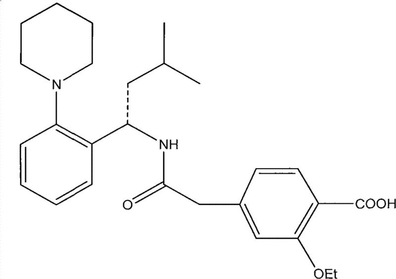 Chemical structure of Repaglinide (Formula I) showing the chiral center and key functional groups