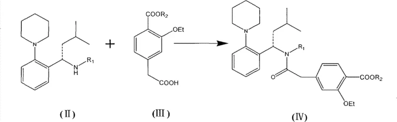 New synthetic route showing amidation of Formula II and III to form protected intermediate IV