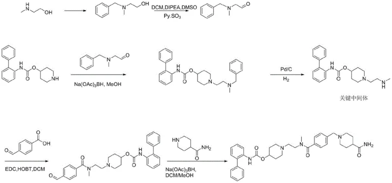 Prior art synthesis route showing complex multi-step transformations involving oxidation and hydrogenation.