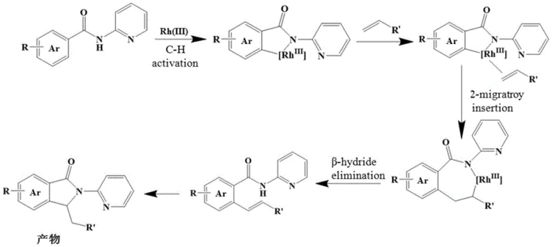Proposed catalytic cycle mechanism detailing C-H activation, olefin insertion, and cyclization steps