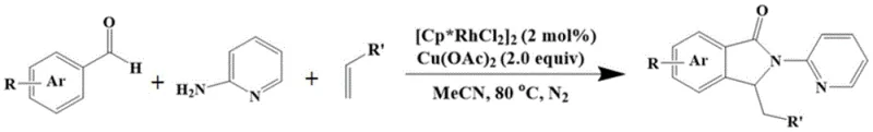 General reaction scheme showing one-pot synthesis of isoindolinone derivatives from aromatic aldehydes, 2-aminopyridine, and olefins