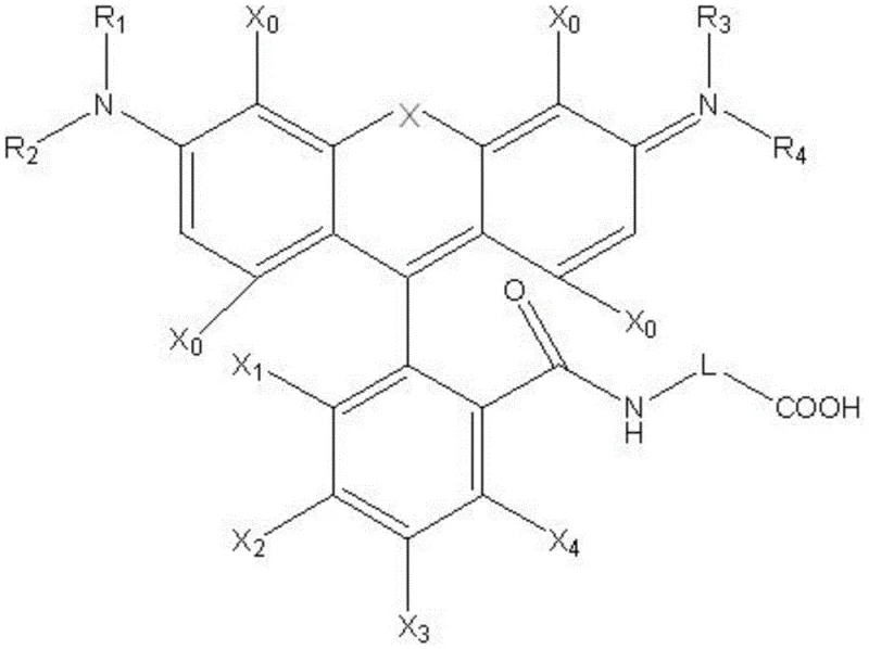 General structural formula of high-performance rhodamine-like fluorescent dye showing variable X bridge and substituent positions