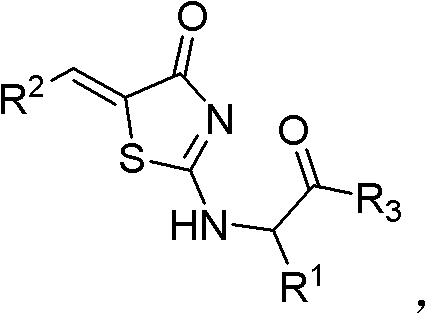 General structural formula of rhodanine derivatives showing variable R groups for SAR optimization