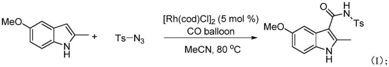 Reaction scheme showing Rh-catalyzed synthesis of indole-3-carboxamide from indole derivative, sulfonyl azide and CO