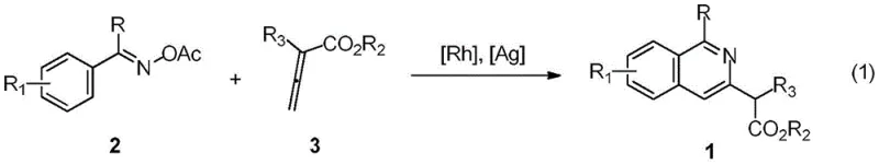 General reaction scheme showing Rhodium-catalyzed coupling of O-acetyl oxime and allenoic acid ester to form isoquinoline derivatives