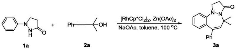 Proposed catalytic cycle mechanism for the Rh(III)-catalyzed synthesis showing C-H activation and C-O bond cleavage