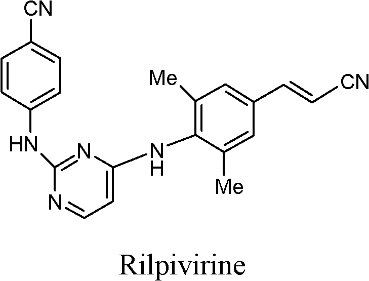 Chemical structure of Rilpivirine showing the core pyrimidine and benzonitrile moieties