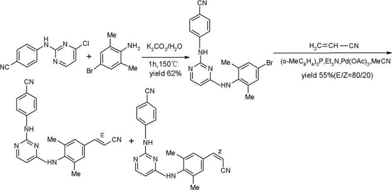 Prior art synthetic route for Rilpivirine showing low yield and isomer separation issues