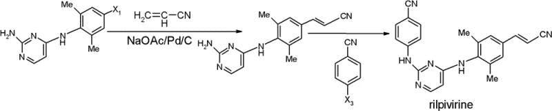 Novel synthetic route for Rilpivirine intermediate showing Pd/C catalysis and high yield steps