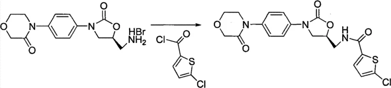 Final acylation step converting intermediate Formula 6 to Rivaroxaban Formula 7