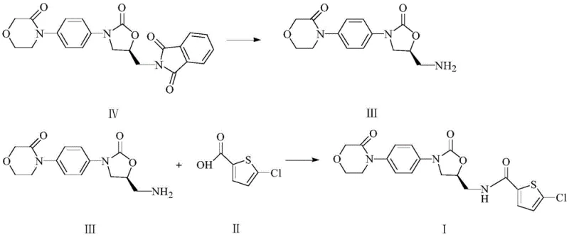 Reaction scheme showing the conversion of phthalimide precursor IV to amine III and final coupling to Rivaroxaban I