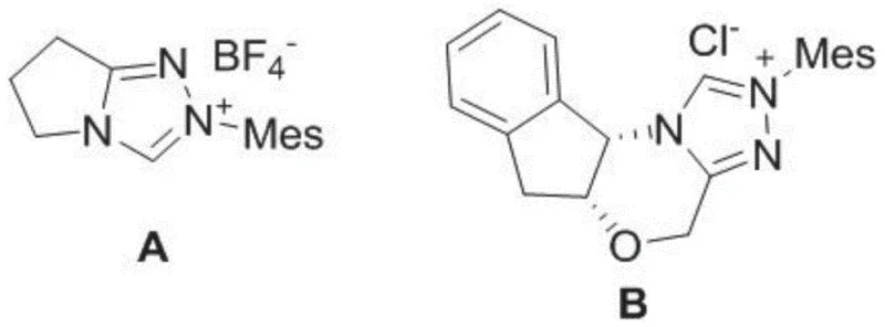 Structures of NHC catalysts A and B showing the active chiral indane framework