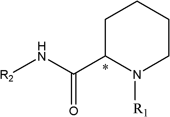 General chemical structure of piperidine-2-carboxanilide optically active compounds showing the chiral center and variable R groups