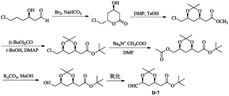 Prior art synthesis route for D-7 showing toxic reagents like Bromine and harsh conditions