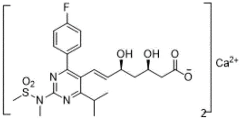 Chemical structure of Rosuvastatin Calcium showing the critical (3R,5S) dihydroxyhept-6-enoic acid side chain