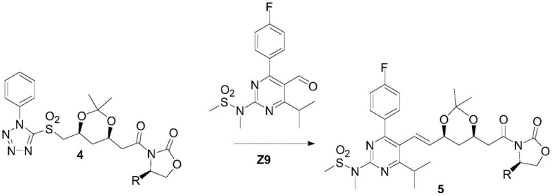 Key Julia olefination step reacting Compound 4 with Z9 to form the E-alkene Compound 5