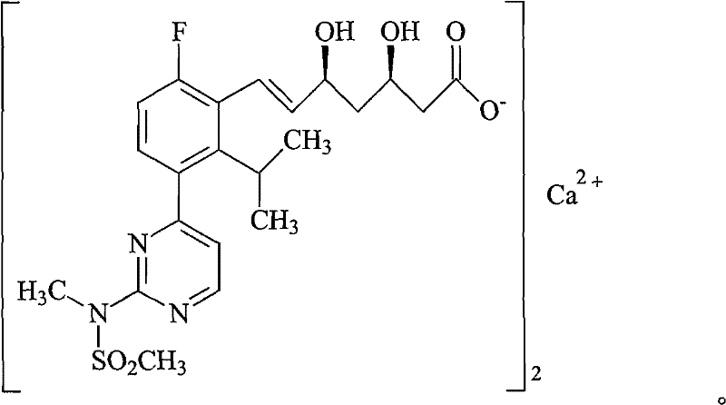 Chemical structure of Rosuvastatin Calcium showing the calcium salt complex and fluorophenyl group