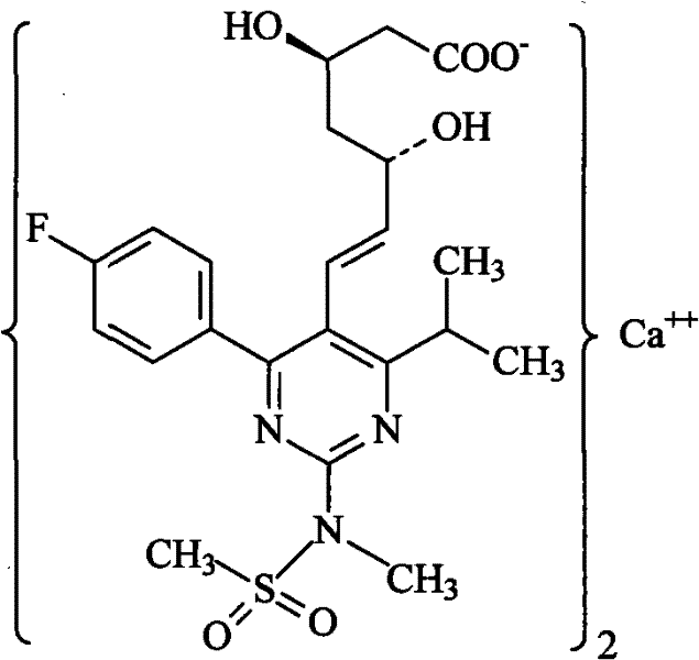 Chemical structure of Rosuvastatin Calcium showing the fluorophenyl pyrimidine core and dihydroxy heptenoic acid side chain