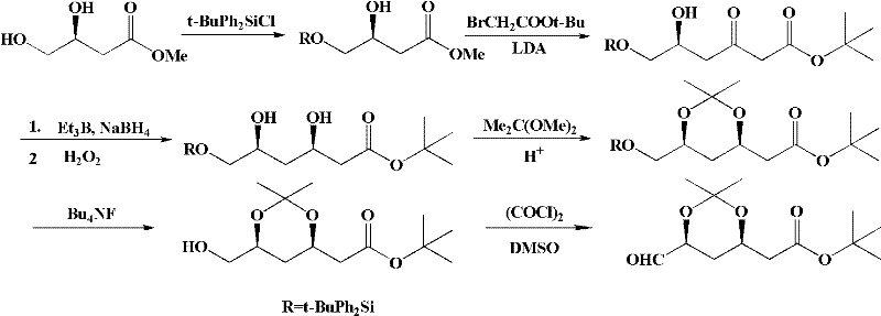 Prior art synthesis route using LDA and Claisen condensation showing low yield and de value
