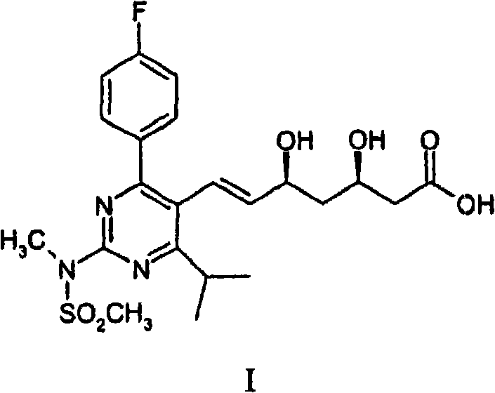 Chemical structure of Rosuvastatin (Formula I) showing the core pyrimidine and dihydroxyheptenoic acid side chain