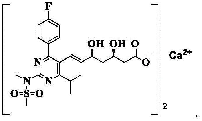 Chemical structure of Rosuvastatin Calcium showing the complex dihydroxy heptanoic acid side chain and pyrimidine core