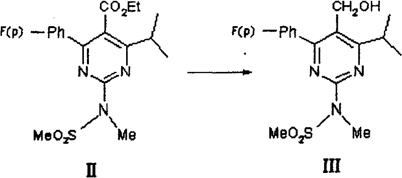 Reduction of pyrimidine carbonate ester II to alcohol III using borohydride/chloride system