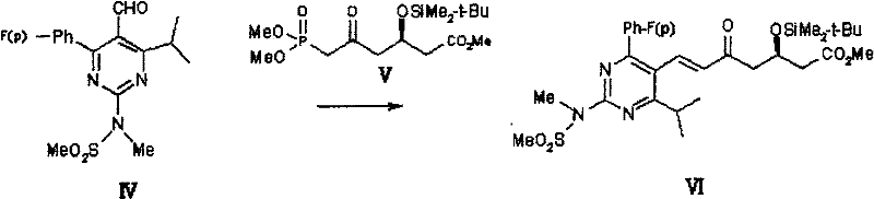 Condensation of aldehyde IV with chiral phosphonate V to form intermediate VI