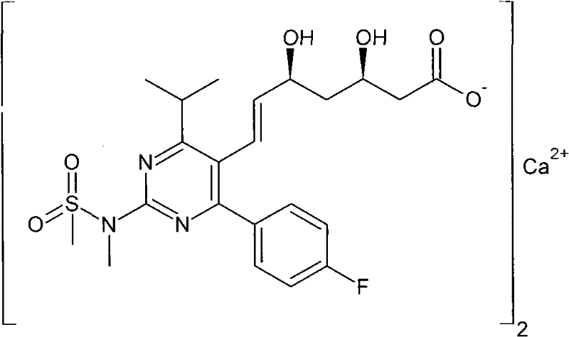 Chemical structure of Rosuvastatin Calcium showing the core pyrimidine and side chain architecture