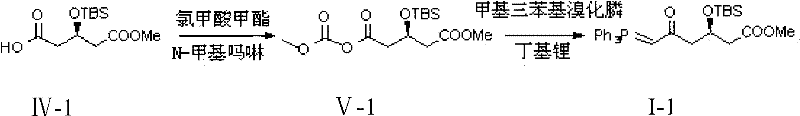 Reaction scheme showing the conversion of acid IV-1 to mixed anhydride V-1 and final Wittig product I-1