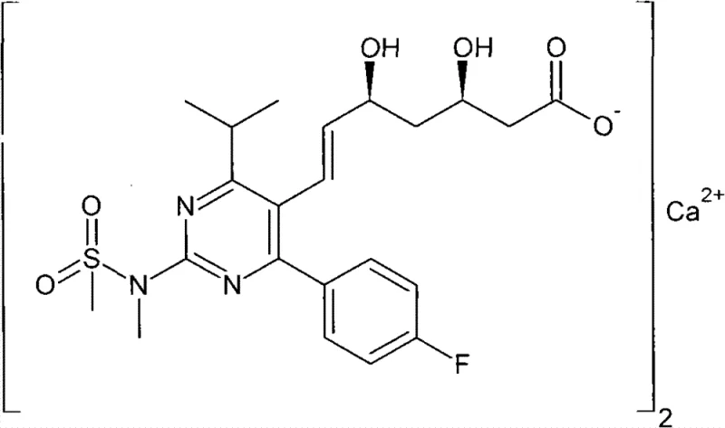 Chemical structure of Rosuvastatin Calcium showing the core pyrimidine and dihydroxyheptenoic acid moieties