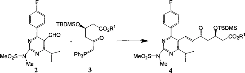 Optimized Wittig condensation reaction converting pyrimidine aldehyde and phosphorus ylide to enone intermediate