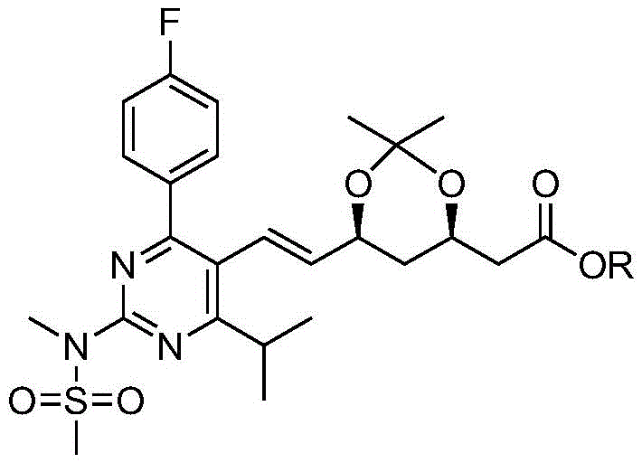 General structural formula of the rosuvastatin calcium intermediate showing the core pyrimidine and dioxane rings