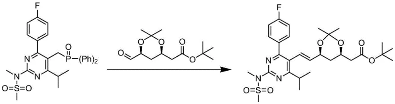 Prior art Wittig reaction scheme showing the formation of the rosuvastatin skeleton using phosphonium salts and aldehydes under harsh conditions