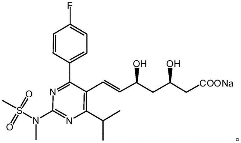 Chemical structure of Rosuvastatin Sodium showing the pyrimidine core and dihydroxyheptenoic acid side chain