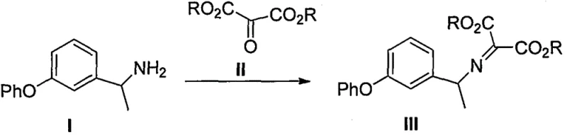 Reaction scheme showing synthesis of compound III from amine I and ketomalonate II using acid catalysis