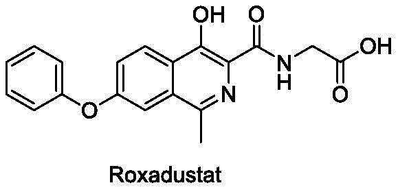 Chemical structure of Roxadustat showing the isoquinoline core and glycine side chain
