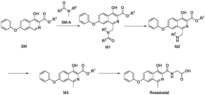 Novel synthetic route for Roxadustat showing the oxidative functionalization from SM to M1 to M3
