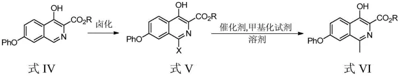 Reaction scheme showing halogenation of Formula IV to V and methylation to Formula VI