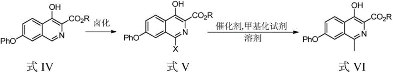 General reaction scheme showing halogenation of Formula IV to V and methylation to VI