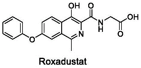 Chemical structure of Roxadustat showing the isoquinoline core and glycine moiety