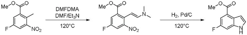 Prior art synthesis route using DMFDMA and Pd/C hydrogenation showing high temperature requirements