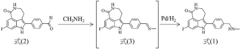 Reaction scheme showing the conversion of aldehyde intermediate to imine and final hydrogenation to Rucaparib